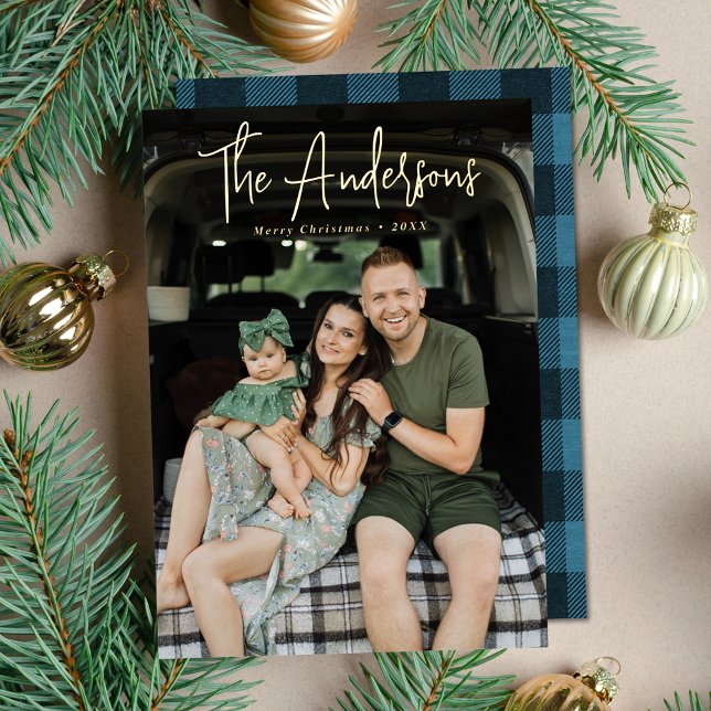 Modern Signature Script Blue Plaid Photo Foil Holiday Card (Creator Uploaded)
