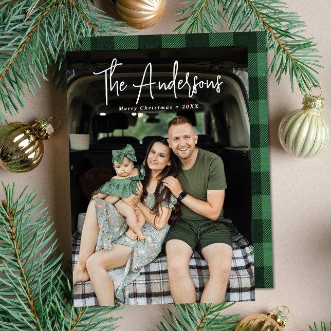 Modern Signature Script Green Plaid Photo Holiday Card (Creator Uploaded)