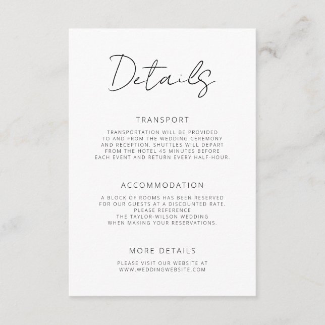 Modern Signature Script Minimal Wedding Details Enclosure Card (Front)