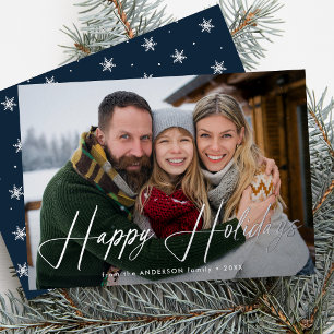 Modern Signature Script Navy Photo Foil Holiday Card