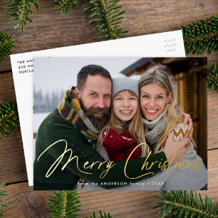 Modern Signature Script Photo Foil Holiday Postcard
