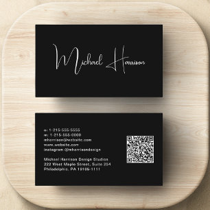Modern Signature Script QR Code Professional Black Business Card