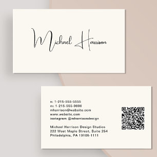 Modern Signature Script QR Code Professional Cream Business Card