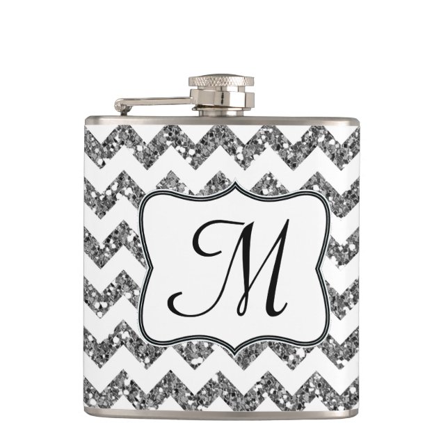 Modern Silv Glitter Chevron Monogram Whiskey Flask (Front)