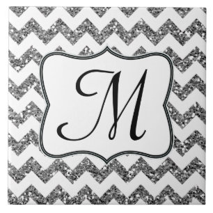 Modern Silve Glitter Chevron Monogram Display Tile