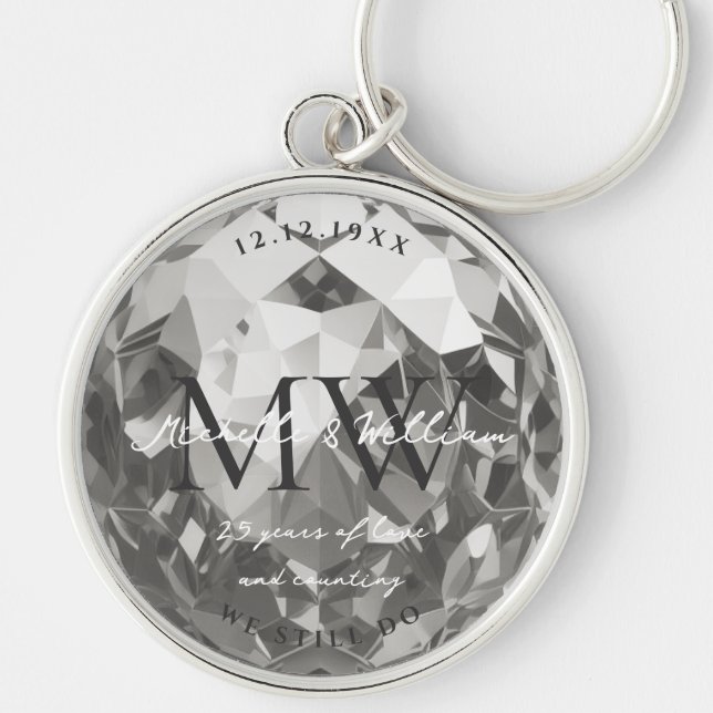Modern Silver 25th Wedding Anniversary Monogram Keychain (Front)
