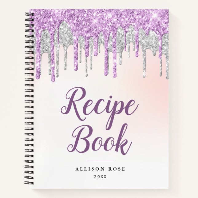 Modern silver and purple glitter Recipe Book (Front)