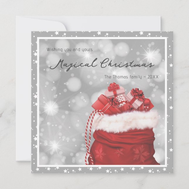 Modern Silver and Red Magical Starry Christmas Holiday Card (Front)