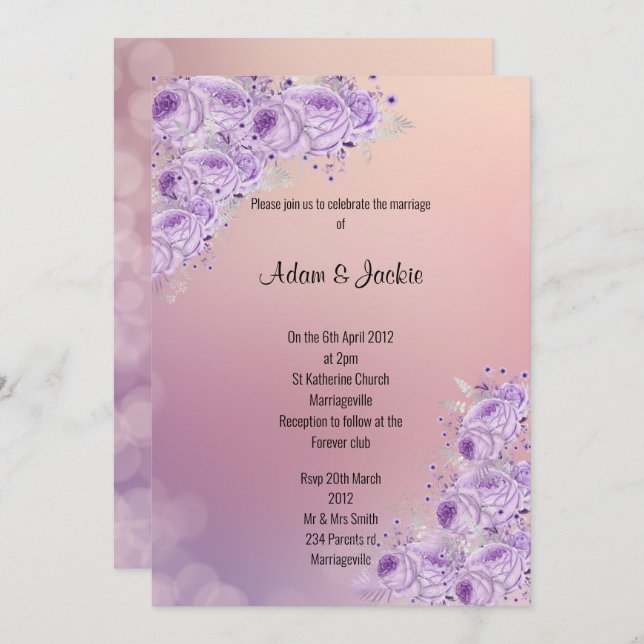 Modern Silver Apricot Lilac floral WEDDING Invitation (Front/Back)