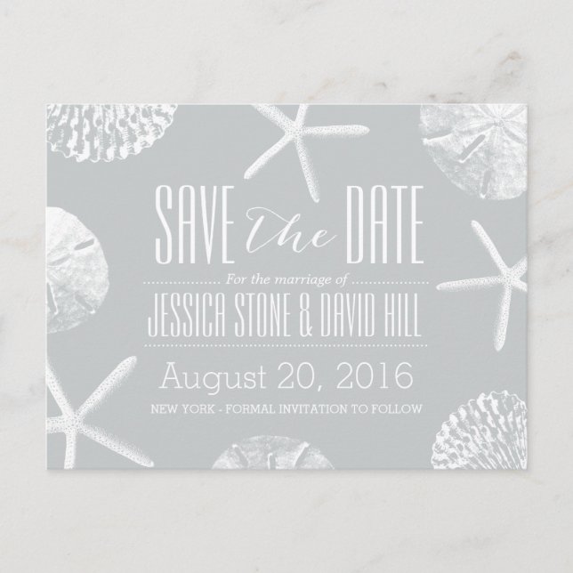 Modern Silver Beach Theme Seashells Save the Date Announcement Postcard (Front)