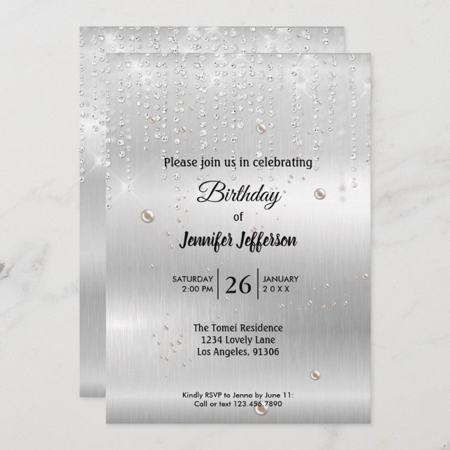 Modern silver Birthday invitation (Front/Back)