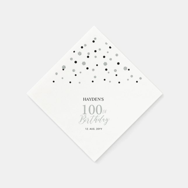 Modern Silver & Black 100th Birthday Party Napkins (Corner)