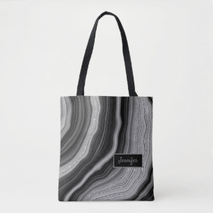 Modern Silver Black Agate Crystal Personalize Name Tote Bag