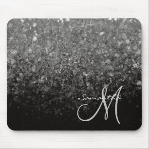 Modern Silver & Black Glitter Ombre Monogram Mouse Pad