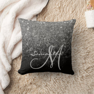 Modern Silver & Black Glitter Ombre Monogram Throw Pillow
