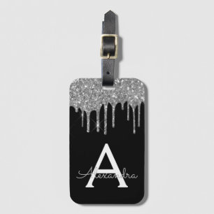 Modern Silver Black Glitter Sparkle Monogram Luggage Tag