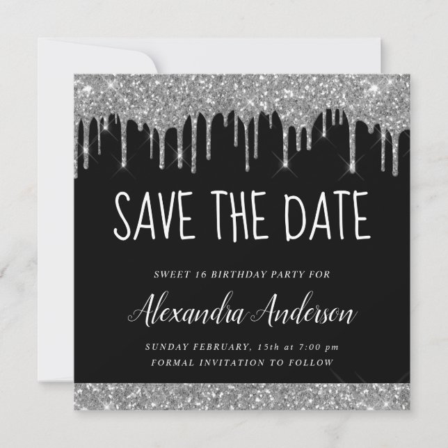 Modern Silver Black Glitter Sweet 16 Save the Date Invitation (Front)