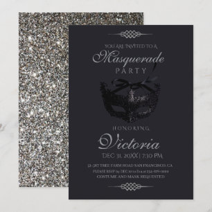 Modern Silver Black Masquerade Party Birthday Invitation