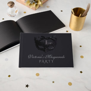 Modern Silver Black Masquerade Party Guest Book