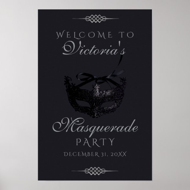 Modern Silver Black Masquerade Party Welcome Sign (Front)