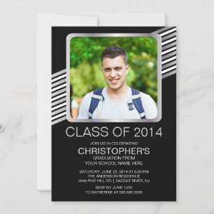 Modern Silver Black Photo Graduation Party Invite
