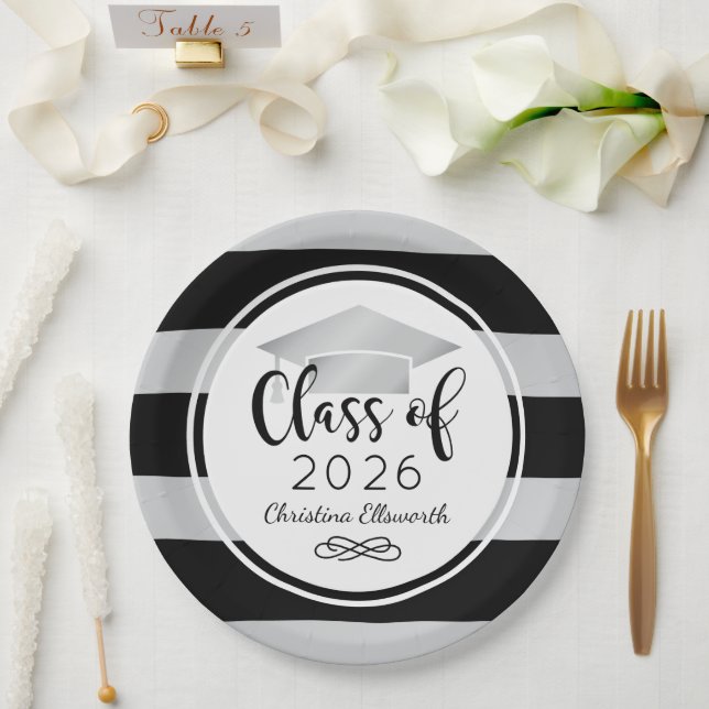 Modern Silver Black Stripes Custom Graduation Paper Plate (Wedding)