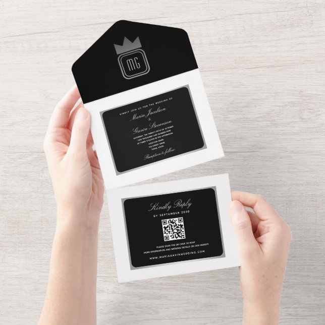 Modern Silver Black White QR Code Wedding  All In One Invitation (Tearaway)