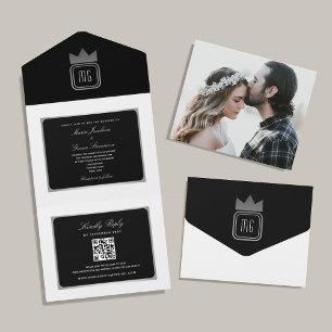 Modern Silver Black White QR Code Wedding  All In One Invitation