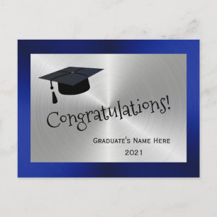 Modern Silver Blue Cap Congratulations Graduation Postcard