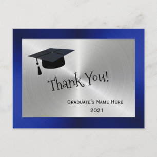 Modern Silver Blue Cap Thank You Graduation Postcard