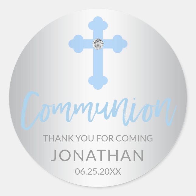 Modern Silver Blue Cross COMMUNION Boy Thank You Classic Round Sticker (Front)