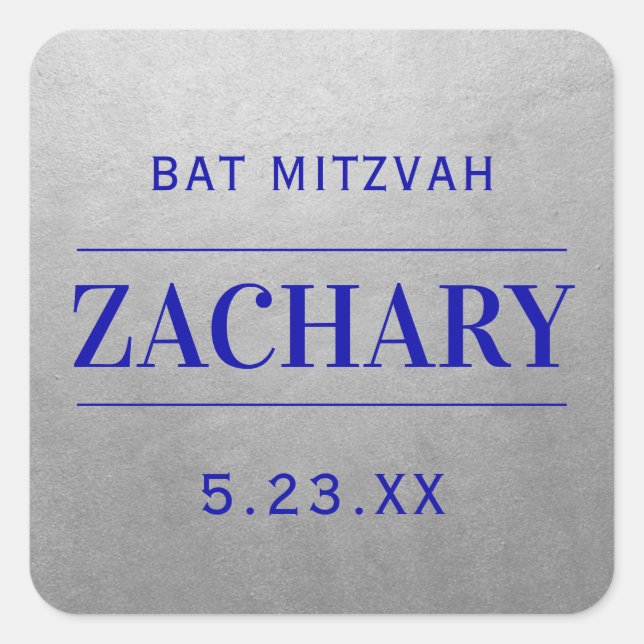 Modern Silver & Blue Mitzvah Birthday Name Favour Square Sticker (Front)