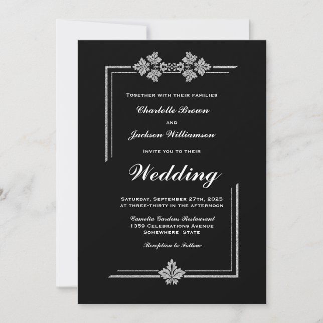 Modern Silver Border Black Wedding Invitation (Front)