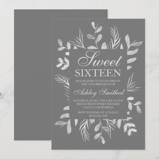 Modern silver botanical leaf grey Sweet 16 Invitation (Front/Back)