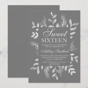 Modern silver botanical leaf grey Sweet 16 Invitation