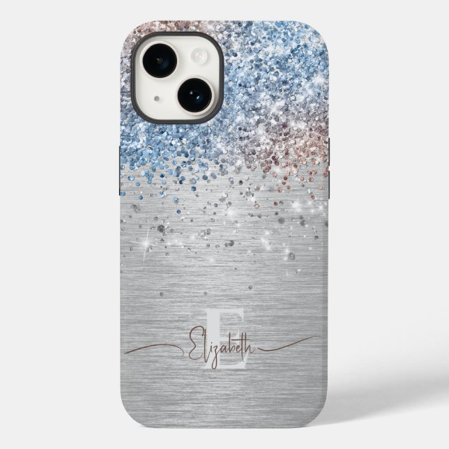Modern Silver Brushed Metal Rose Gold Blue Glitter Case-Mate iPhone Case (Back)