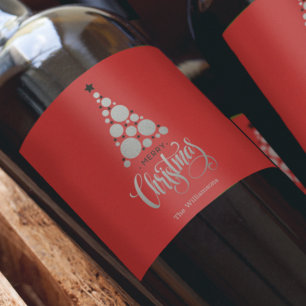 Modern Silver Christmas Tree on Red Wine Label