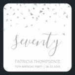 Modern Silver Confetti 70th Birthday Square Sticker<br><div class="desc">Help them celebrate their 70th birthday in style with this simple but elegant design, featuring faux silver triangular confetti sifting down on the word "seventy" in silver grey handwriting font. Personalize it with the name of the honoree in silver grey sans serif font, along with the occasion and date below...</div>