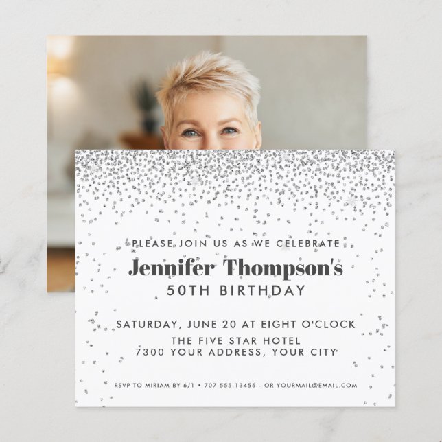 Modern Silver Confetti Glitter 50th Birthday Photo (Front/Back)
