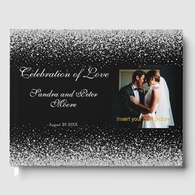 Modern Silver Confetti on Black Guest Book (Front)