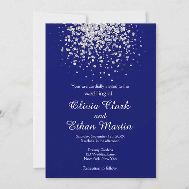 Modern Silver Confetti on Royal Blue Invitation (Front)