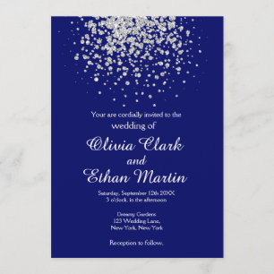 Modern Silver Confetti on Royal Blue Invitation