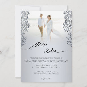 Modern Silver Damask Photo Wedding Invitation