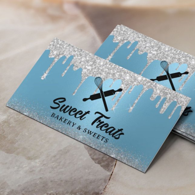 Modern Silver Drips Blue Pastry Chef Bakery Business Card (Creator Uploaded)