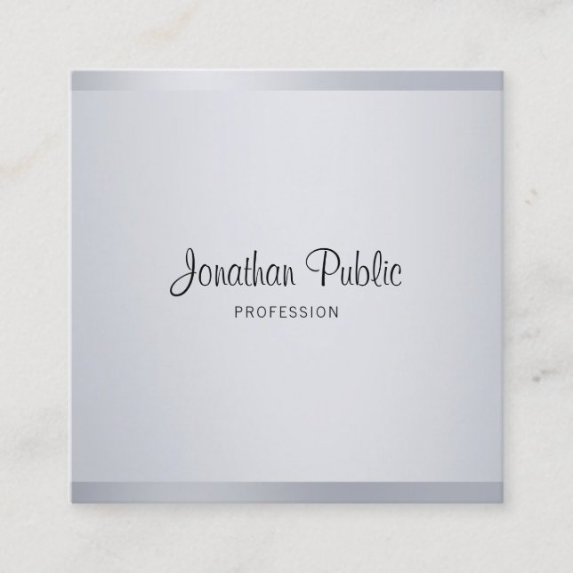Modern Silver Elegant Handwritten Script Template Square Business Card (Front)