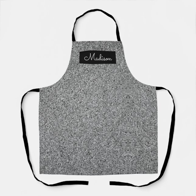 Modern Silver Faux Glitter Sparkle Personalized Apron (Front)