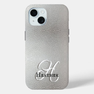 Modern Silver Faux Leather Monogram Initial Name iPhone 15 Case