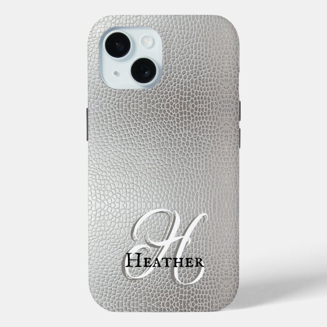 Modern Silver Faux Leather Monogram Initial Name Case-Mate iPhone Case (Back)