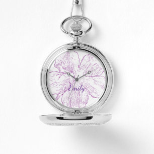 Modern Silver Floral Line Art Personalized Pocket Watch
