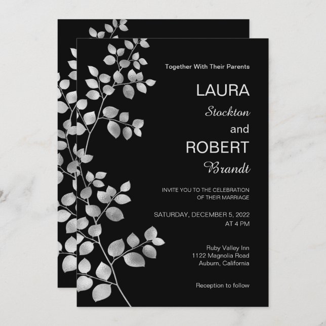 Modern Silver Floral Wedding Invitation (Front/Back)
